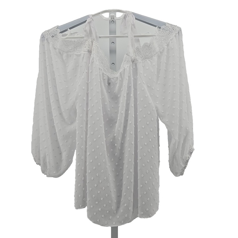 Cato Women's White Chiffon Lace Trim 3/4 Sleeve Cold Shoulder Blouse Top 18/20W